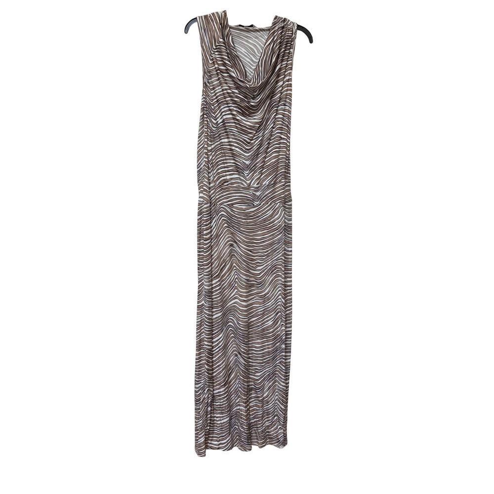 Trina Turk Brown‎ Zebra Print Hooded Cowl Neck Maxi Dress Womens 6 Slit Safari